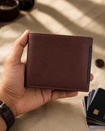 Shelby milled leather bifold wallet held in hand, showing soft flexible profile