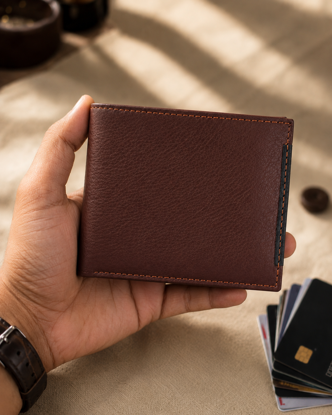 Shelby milled leather bifold wallet held in hand, showing soft flexible profile