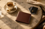 Shelby milled leather bifold wallet on a walnut desk — everyday carry by Kordovan