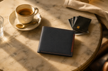 Thomas milled leather bifold wallet styled on a café table — Kordovan leather goods