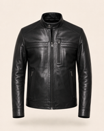 Sheppard — men's black cafe racer leather jacket, front view | Kordovan Pakistan