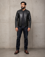 Sheppard — men's black cafe racer leather jacket, side view | Kordovan Pakistan
