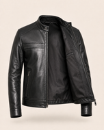 Sheppard — men's black cafe racer leather jacket, open front showing the lining | Kordovan Pakistan