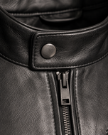 Sheppard — men's black cafe racer leather jacket, close-up of the leather grain and hardware | Kordovan Pakistan