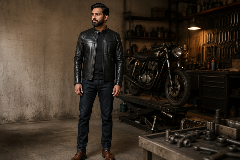 Sheppard — men's black cafe racer leather jacket, full-length styled view | Kordovan Pakistan