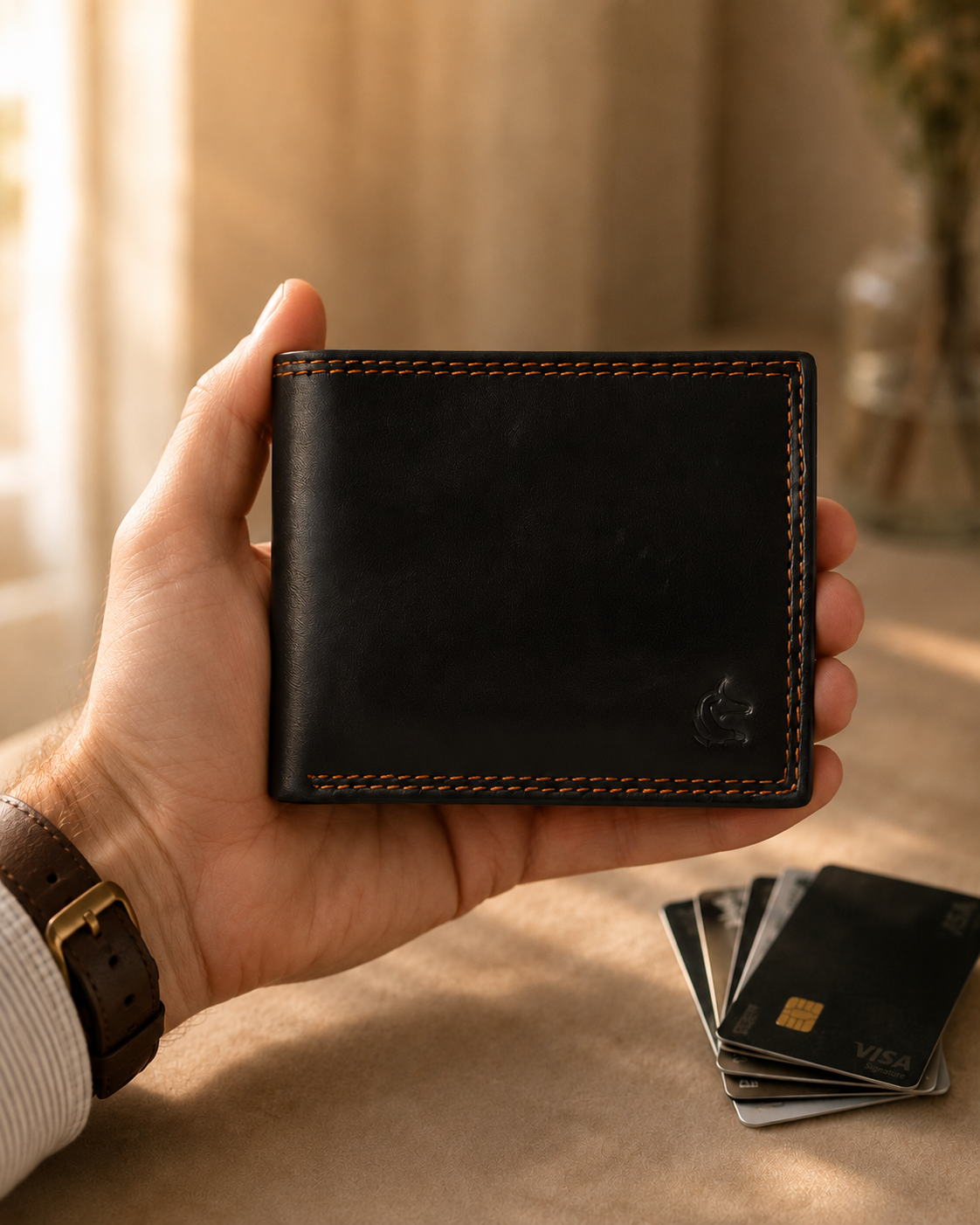 Sheppard sheep leather wallet held in hand, showing slim soft profile