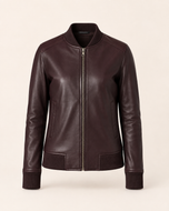 Sinclair — women's maroon leather bomber jacket, front view | Kordovan Pakistan