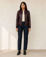 Sinclair — women's maroon leather bomber jacket, side view | Kordovan Pakistan