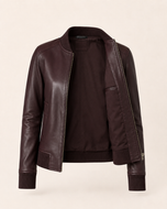 Sinclair — women's maroon leather bomber jacket, open front showing the lining | Kordovan Pakistan