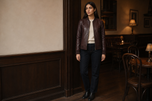 Sinclair — women's maroon leather bomber jacket, full-length styled view | Kordovan Pakistan
