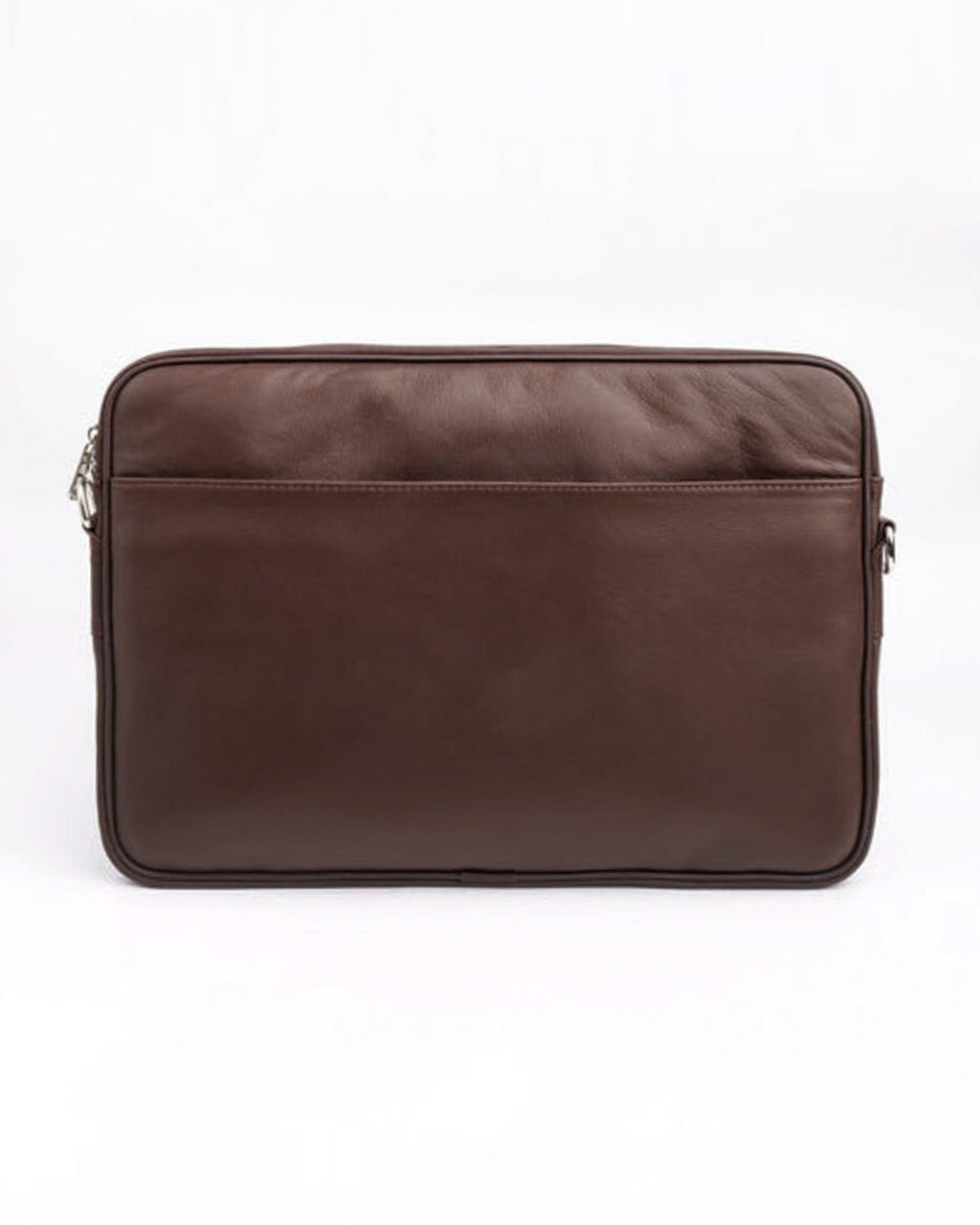 A brown genuine leather laptop sleeve with a front pocket and shoulder strap.