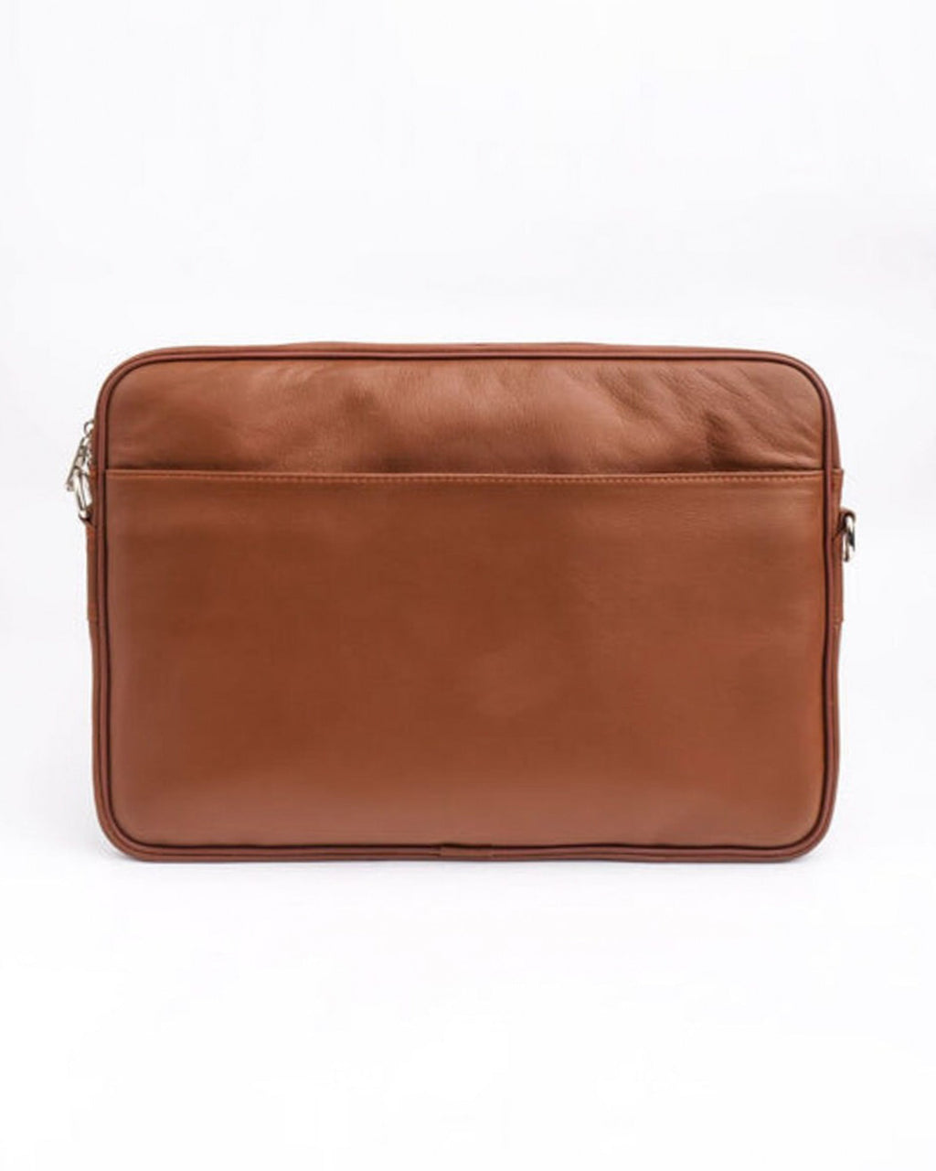 A tan genuine leather laptop sleeve with a front pocket and a detachable shoulder strap.