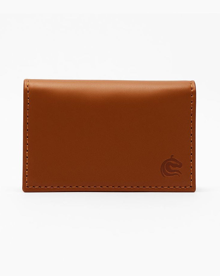 Tan leather wallet on a white background