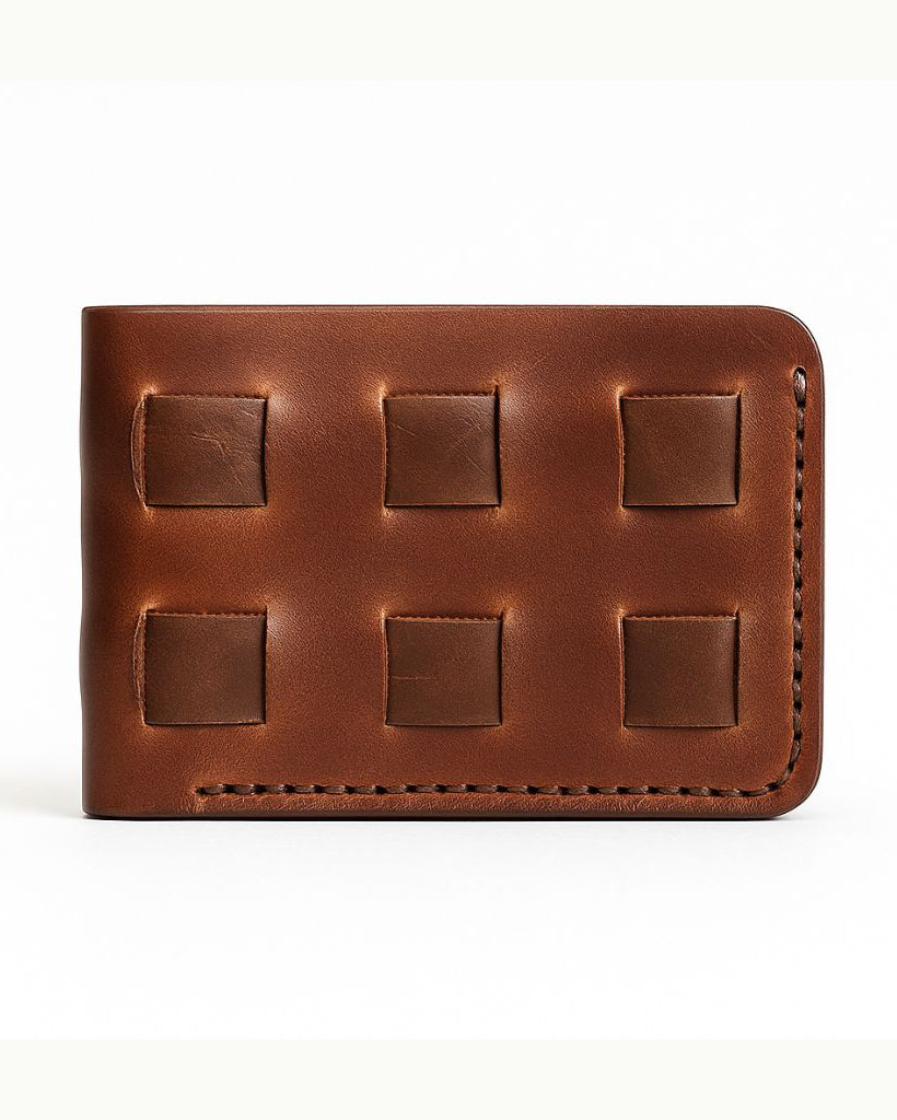 Brown handcrafted  leather wallet with square patterns on a white background