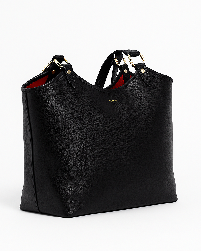 Black handbag with silver hardware on a white background