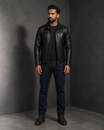 Stryker — men's black zip-detail leather jacket, side view | Kordovan Pakistan