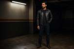 Stryker — men's black zip-detail leather jacket, full-length styled view | Kordovan Pakistan