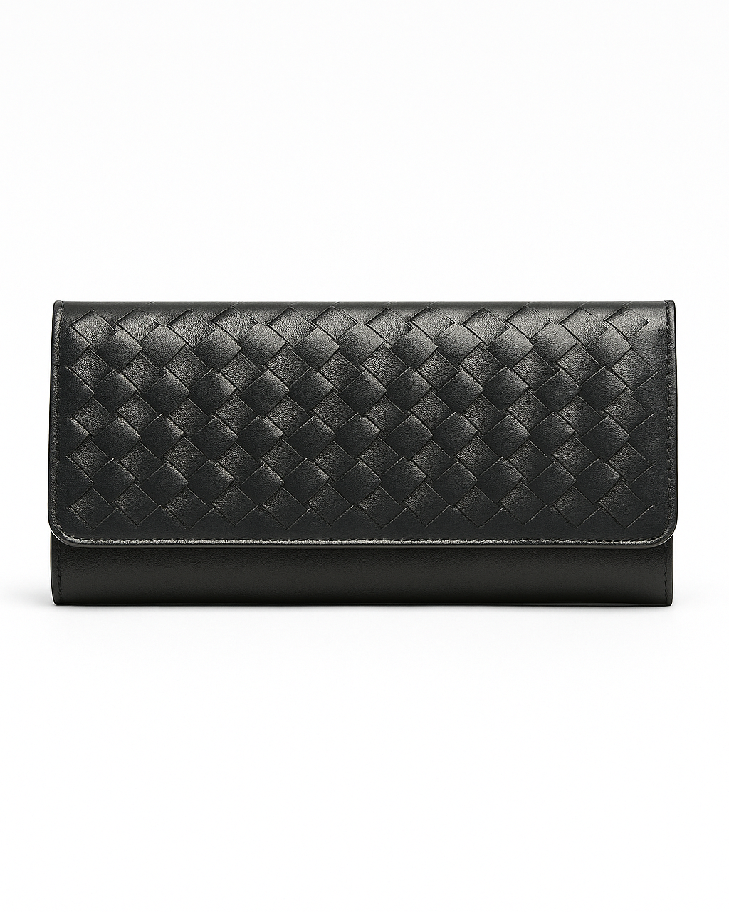 Black woven wallet on a white background