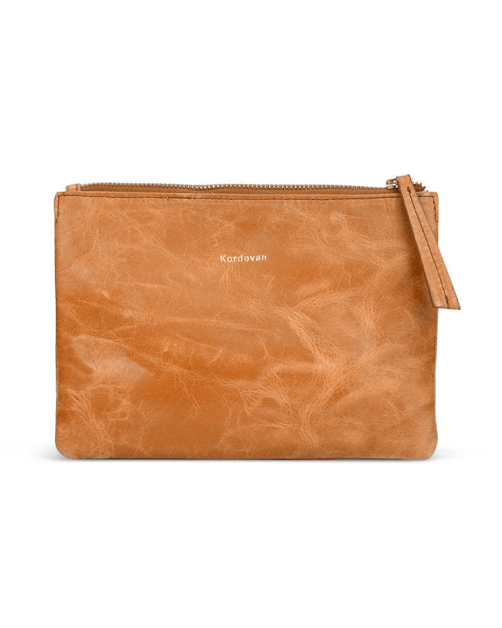 A brown crazy-horse leather cross-body bag with three compartments and a zipper closure.