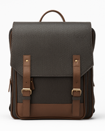 Black backpack with brown straps on a white background