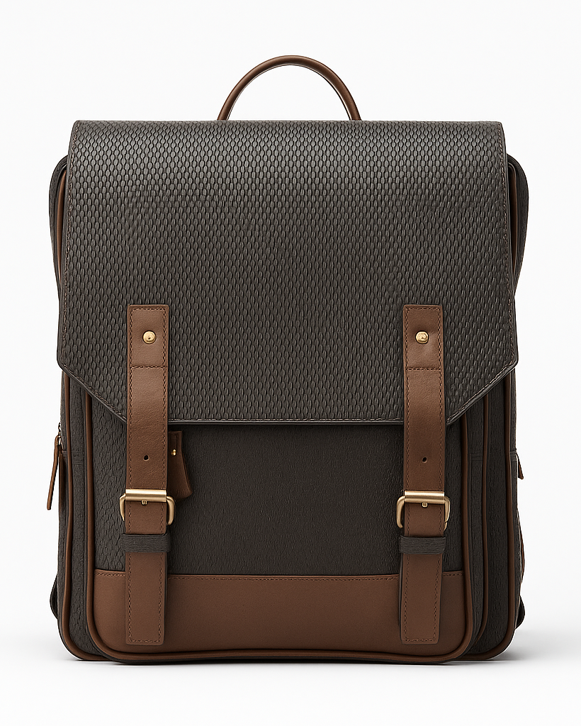 Black backpack with brown straps on a white background
