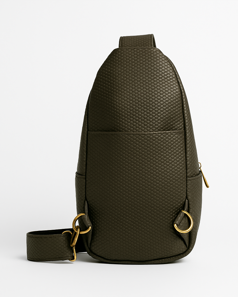 Black leather sling bag on a white background