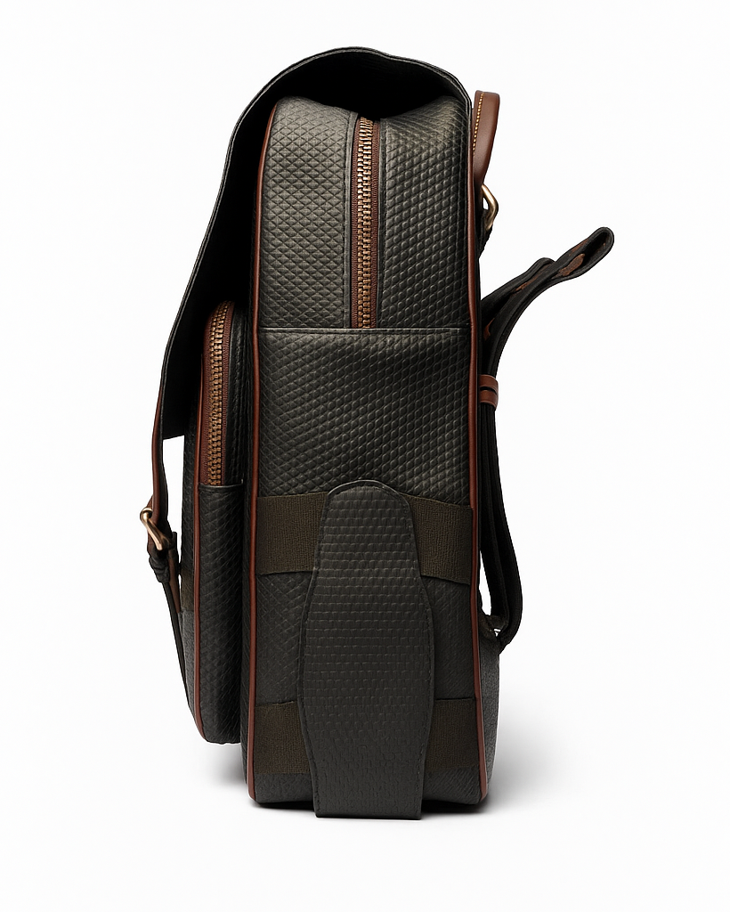 Backpack with brown leather accents on a white background