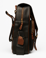 Brown & Black leather backpack with gold zipper on a white background