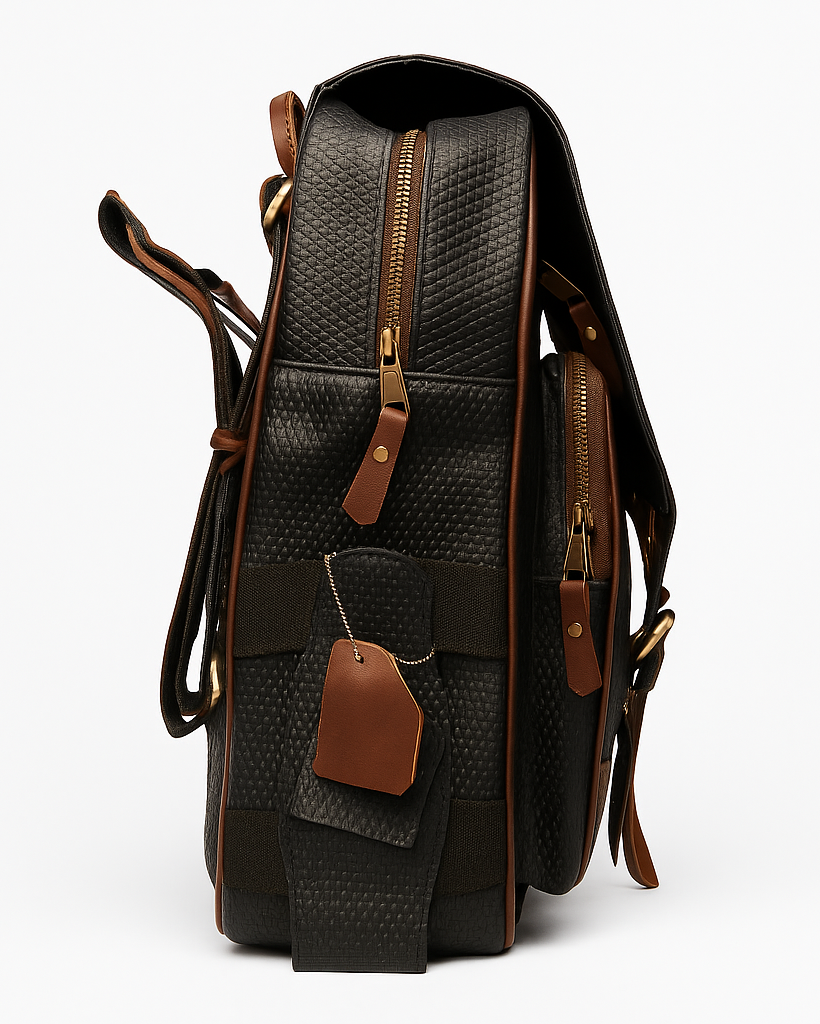Brown & Black leather backpack with gold zipper on a white background