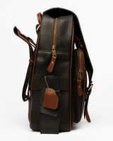 Brown & Black leather backpack with gold zipper on a white background