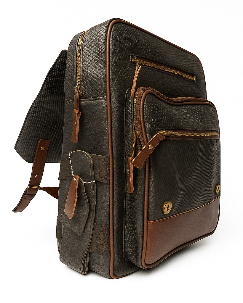 Black & Brown leather backpack with brown accents on a white background