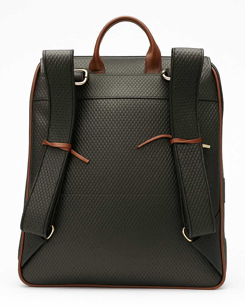 Black backpack with brown straps on a white background