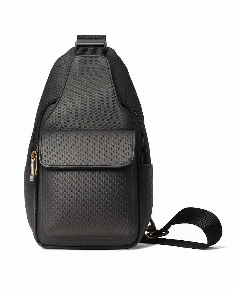 Black leather sling bag on a white background