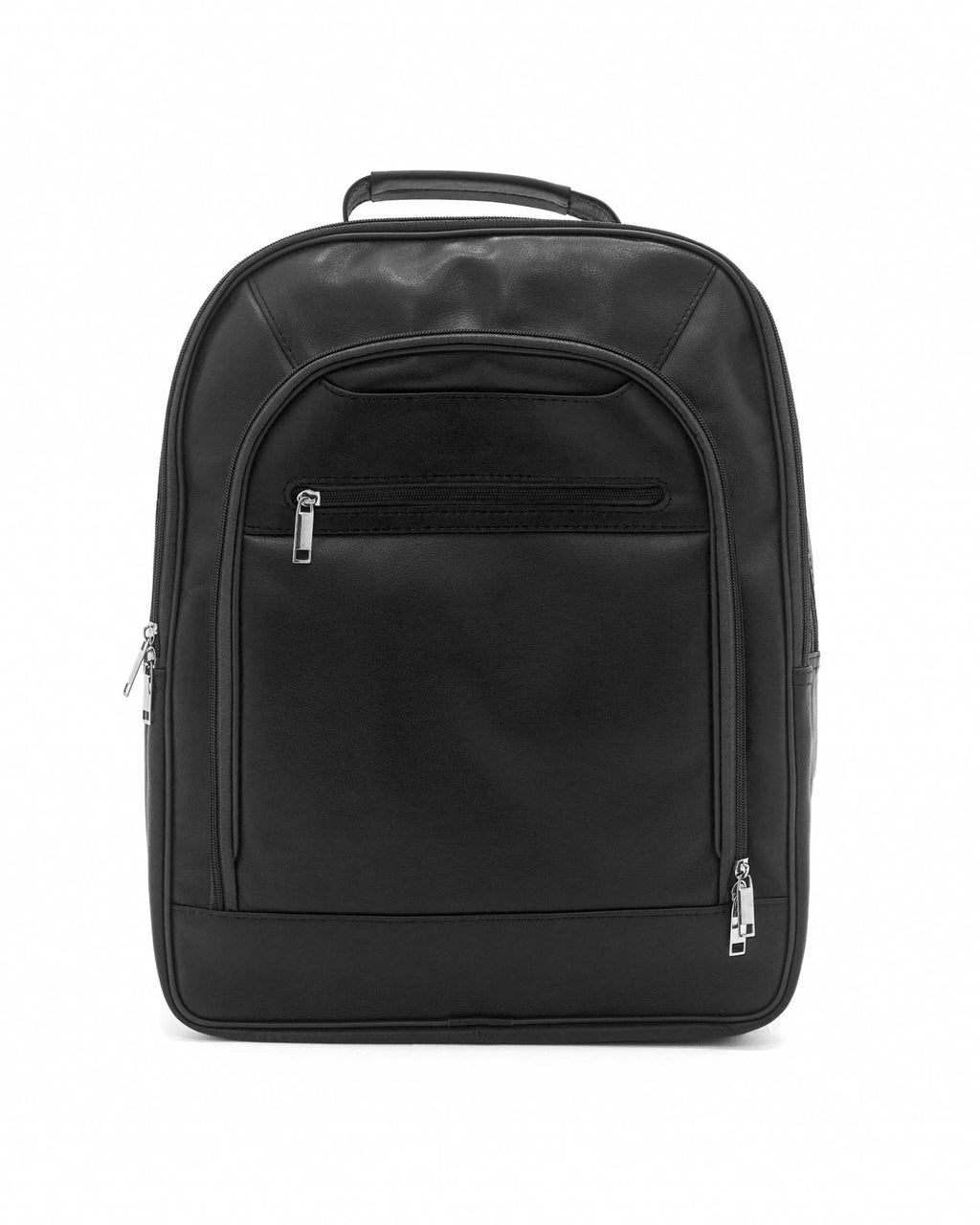 A black unisex backpack with a leather exterior, featuring multiple compartments, zipper closures, and a top carry handle.