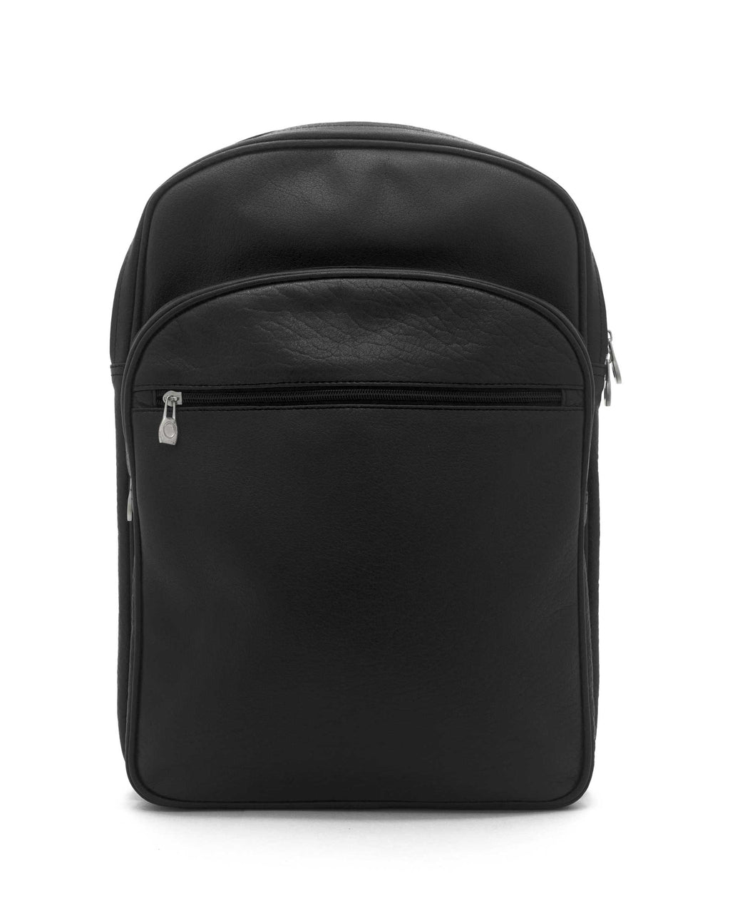 Black leather backpack with a front zipper pocket and a top carry handle, on a white background.