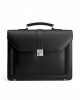 A brown genuine leather briefcase with a flap-over closure, a front zip pocket, and brass hardware.