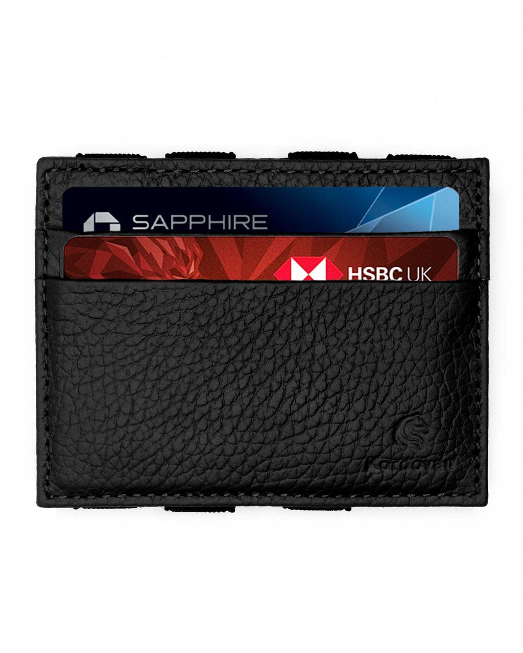 A black leather magic wallet with several cards inserted, displayed against a white background.