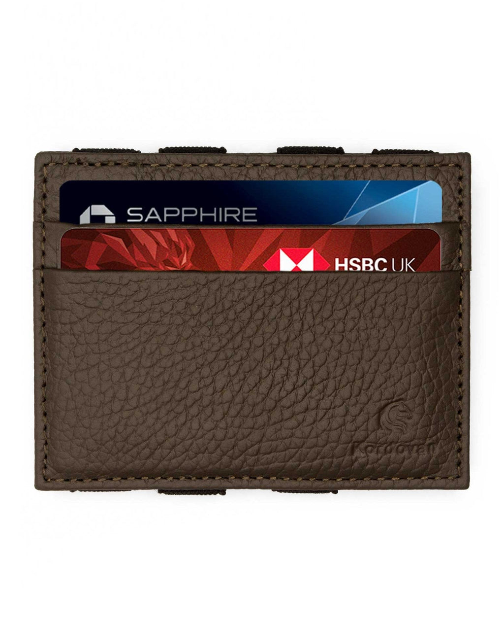 A brown leather magic wallet with several cards inserted, displayed against a white background.