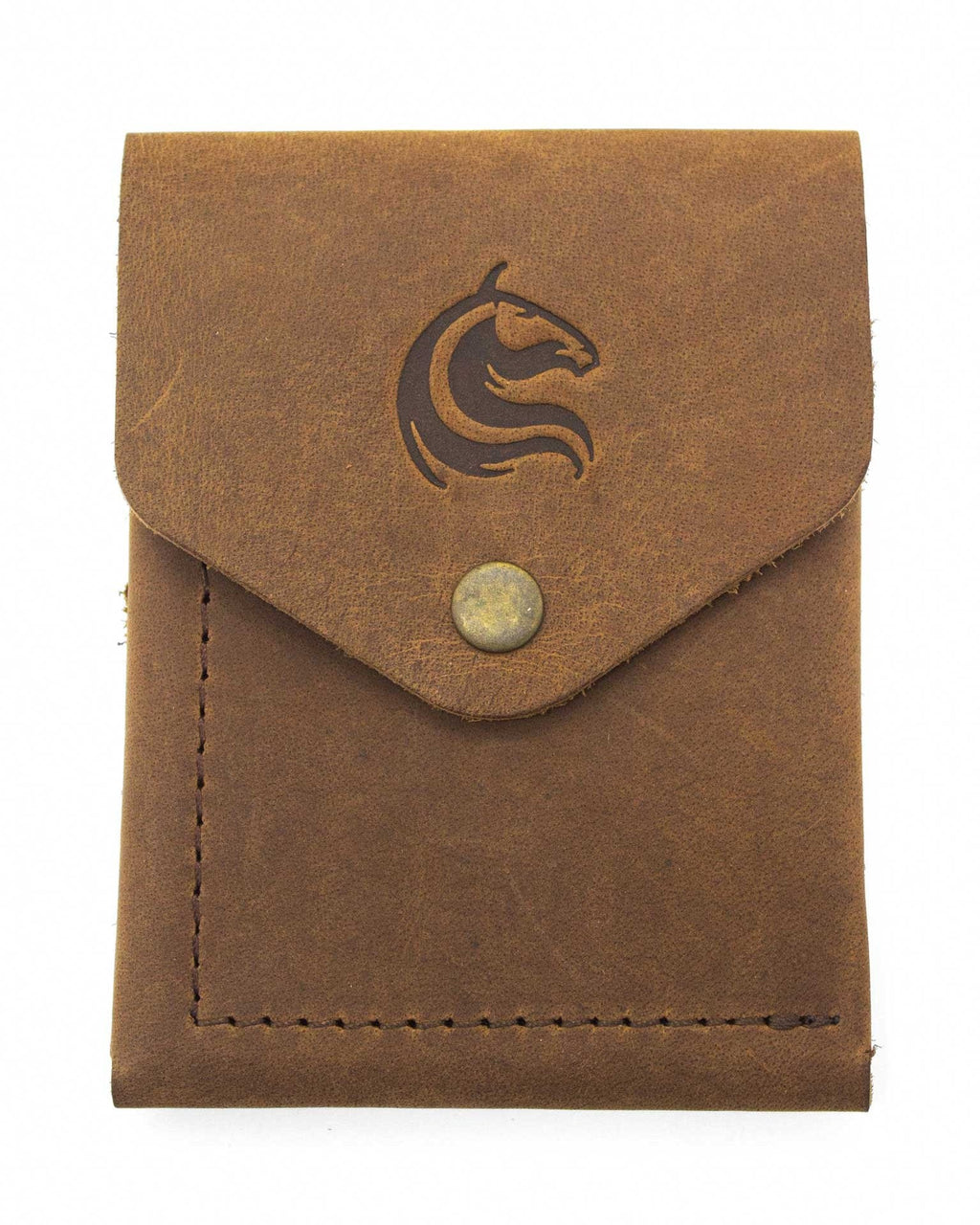 A brown, full-grain cow leather wallet with a vertical billfold design, featuring a horse logo on the front and a single card slot visible.