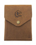 A brown, full-grain cow leather wallet with a vertical billfold design, featuring a horse logo on the front and a single card slot visible.