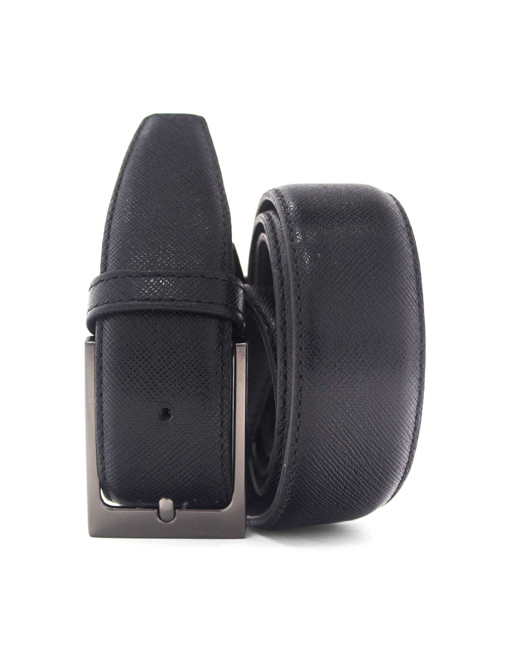 A black leather belt with a metallic buckle, displaying a saffiano pattern texture.