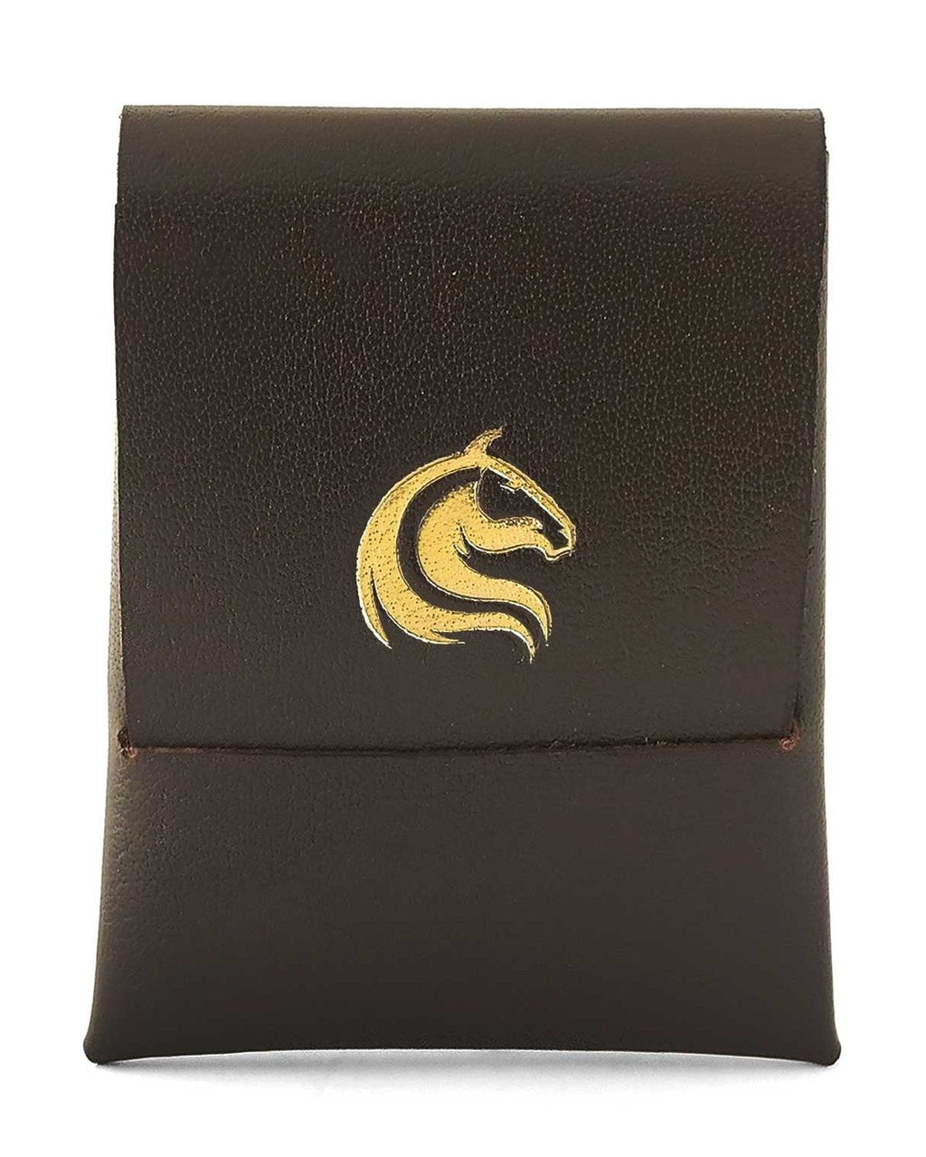 A closed brown leather wallet with a gold embossed logo on the front.