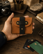 Hunter HM cow leather wallet held in hand, showing strap closure and compact size