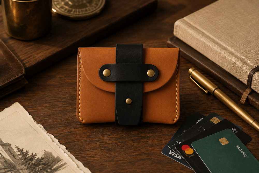 The Hunter HM rugged leather wallet on a walnut desk — vintage carry by Kordovan