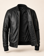 The Ace — men's black MA-1 leather bomber jacket, open front showing the lining | Kordovan Pakistan