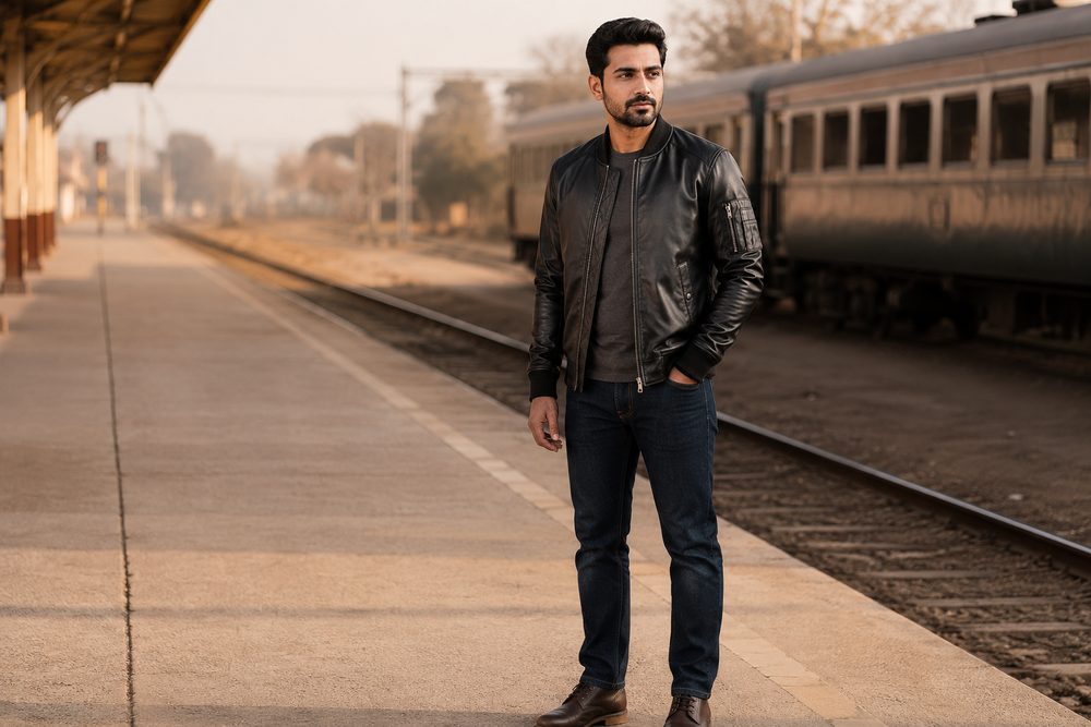 The Ace — men's black MA-1 leather bomber jacket, full-length styled view | Kordovan Pakistan