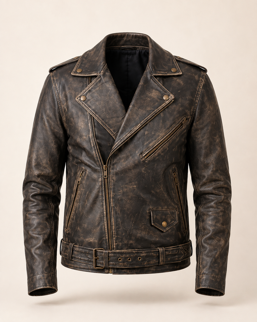 The Allaric Alley — men's distressed brown leather biker jacket, front view | Kordovan Pakistan