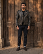 The Allaric Alley — men's distressed brown leather biker jacket, side view | Kordovan Pakistan