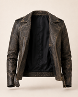 The Allaric Alley — men's distressed brown leather biker jacket, open front showing the lining | Kordovan Pakistan