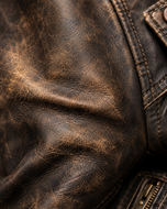 The Allaric Alley — men's distressed brown leather biker jacket, close-up of the distressed leather and belt | Kordovan Pakistan